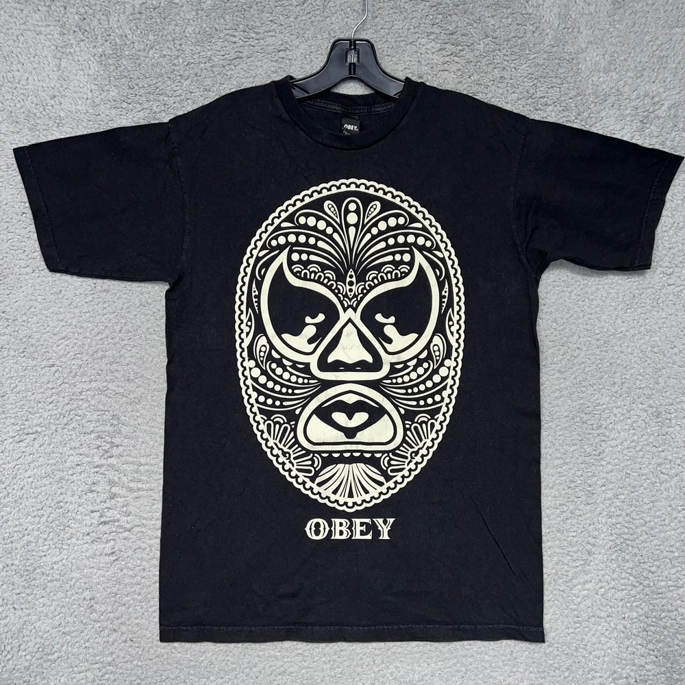 Obey Luchador T Shirt Men's Sz M Black Mexican Wrestling Mask Made In Mexico Tee